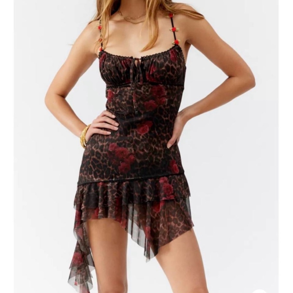 Sheer Leopard Floral Ruffle Cami Dress in Black and Red